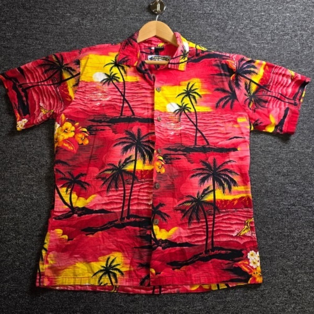 Palmwave Hawaiian Shirt Mens L Red Sunset Tropical Palm Tree Cotton Aloha Button